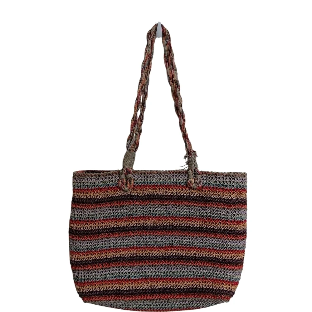 Striped Woven Tote Bag in Red and Brown